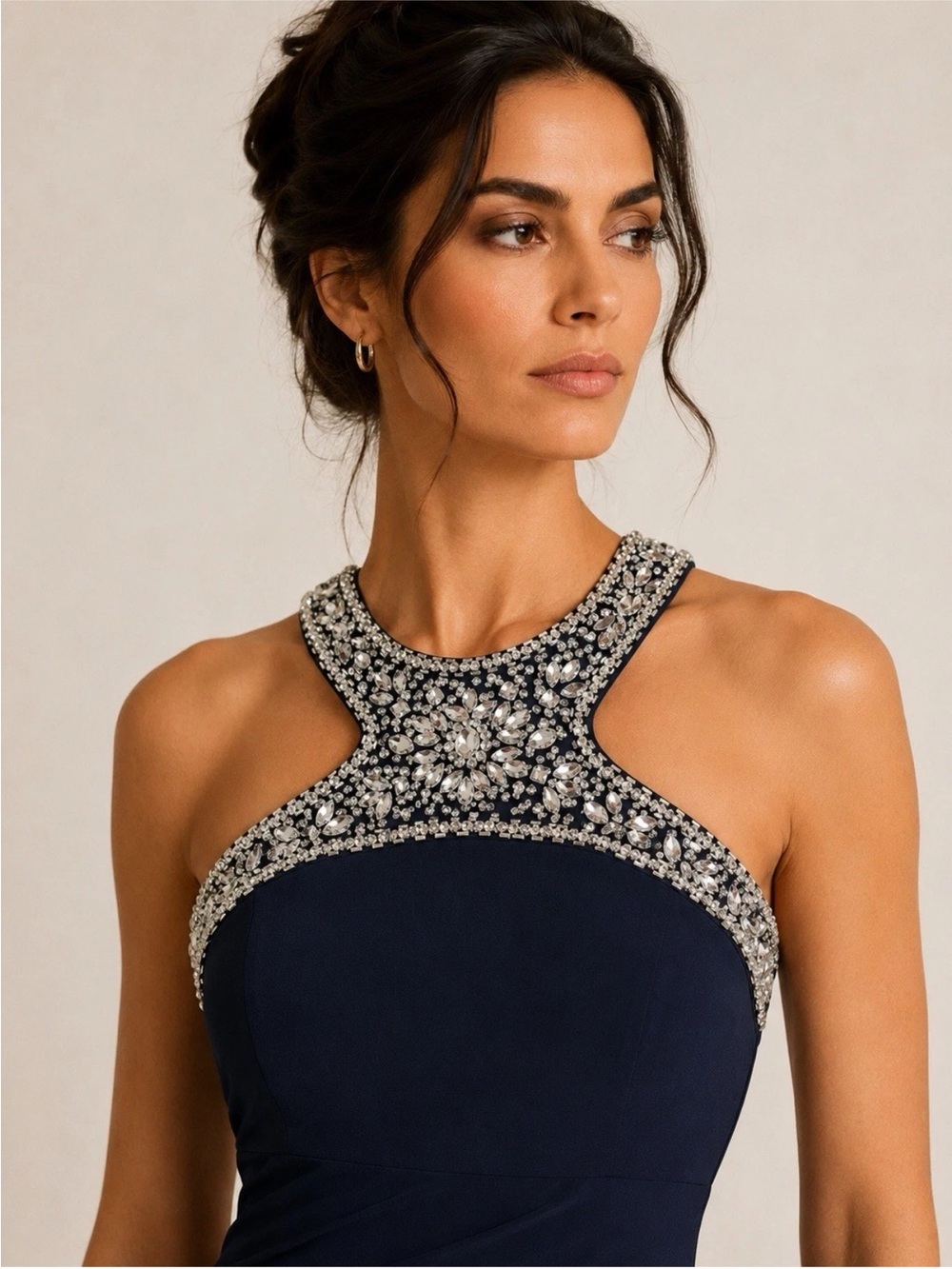 Xscape Evening Navy Beaded Halter Gown Maxi Dress Formal Evening Prom Size 12 - Picture 2 of 16